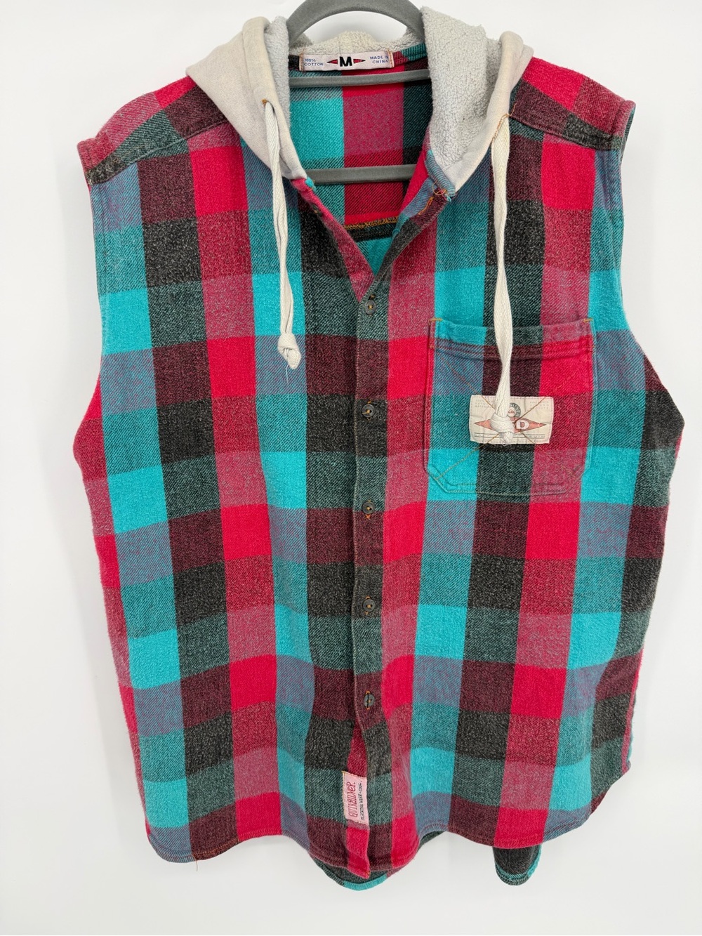 Vintage Quiksilver Red & Teal Plaid Hooded Flannel Vest